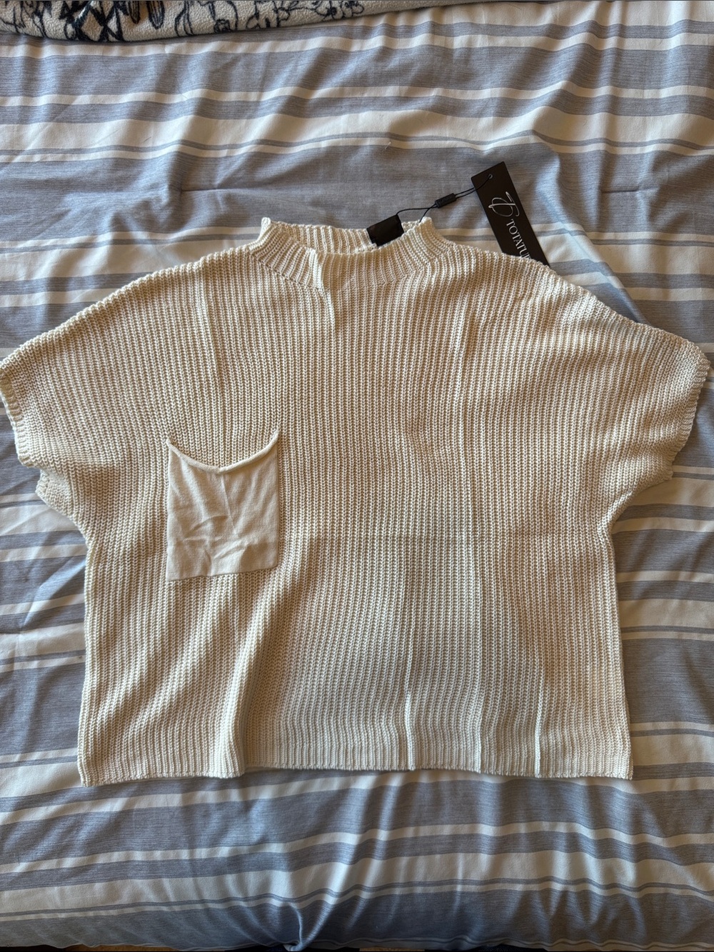 Cream Knit Short Sleeve Sweater Top with Pocket